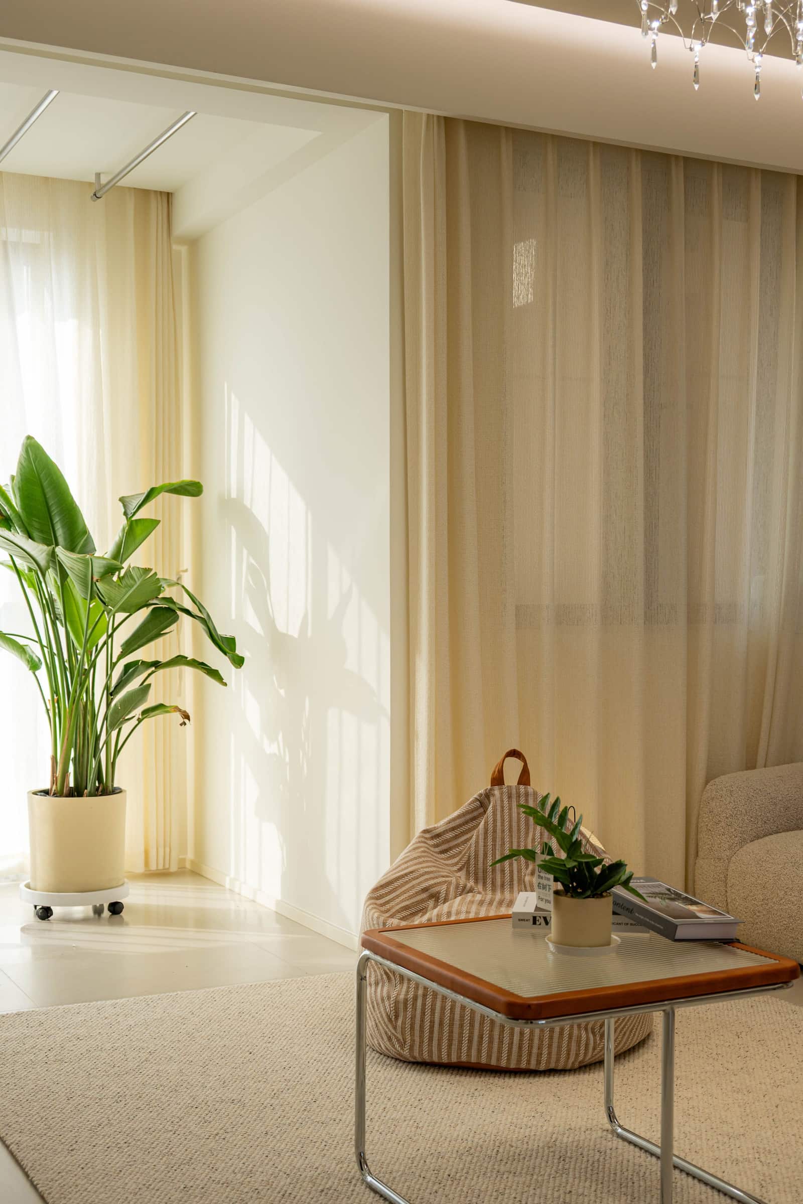 A striped bean-bag chair and glass-topped table in front of sheer curtains, a large houseplant to one side.